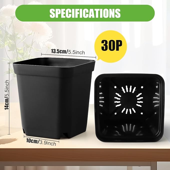 Square Nursery Pots 5.5 Inch, 30 Pcs Plastic Plant Pot with Drainage Holes, Reusable Seedling Starter Pots Garden Flower Pots Planters for Indoor Plants, Transplanting, Succulents, Cuttings