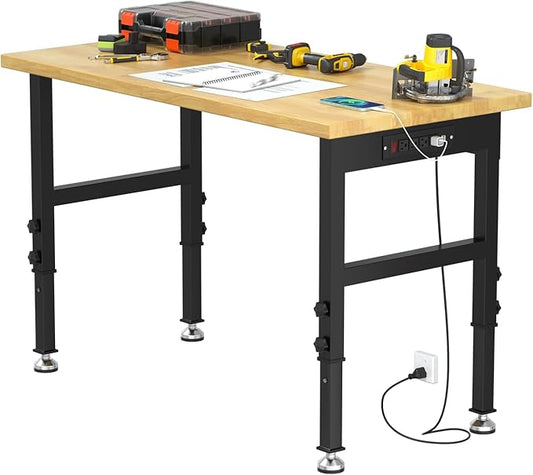 48" Adjustable Workbench for Garage, Solid Wood Top Work Bench for Garage, 2000 LBS Heavy-Duty Worktable with Power Outlets, Portable Work Station for Repair Shop, Workshop, Office