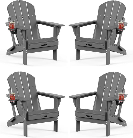 MUCHENGHY Folding Adirondack Chairs HDPE Weather Resistant 4 Pack, Patio Firepit Chairs, Sturdy Outside Chairs, Lawn Chairs, 15min Assembly 380lb Grey