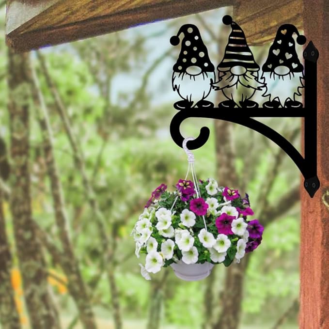 peacoblue Iron Plant Hangers Hooks for Outdoor Indoor Hanging Plants Flower Fern Pots, Lantern, Bird Feeder, 12”x14”Gnome Weather Resistant Metal Wall Brackets Holder for Porch, Garden, House(Gnome)