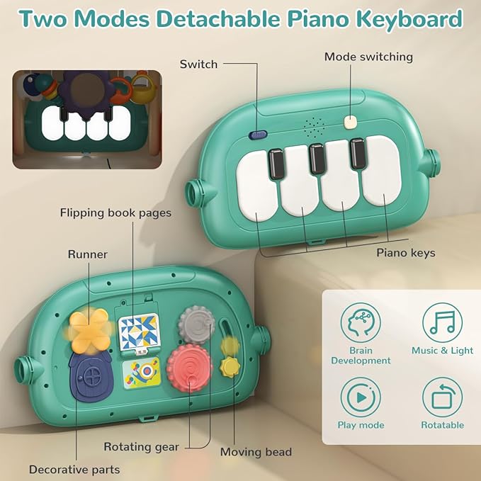 3 in 1 Baby Play Mat Gym, Kick and Play Piano Gym with Music Light, Activity Tummy Time Play mat with 5 Learning Sensory Toys, Infant Gifts for Newborn Baby Toddler 0-14 Months