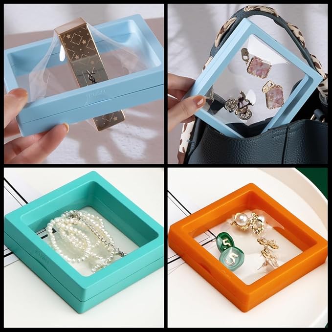 6 Pcs 3D Floating Display Case Frame Display Holder Stands Transparent PE Film Storage Box for Jewelry Challenge Coin Medal Antique 3.5 x 3.5 x 0.8 Inches (Style 1)