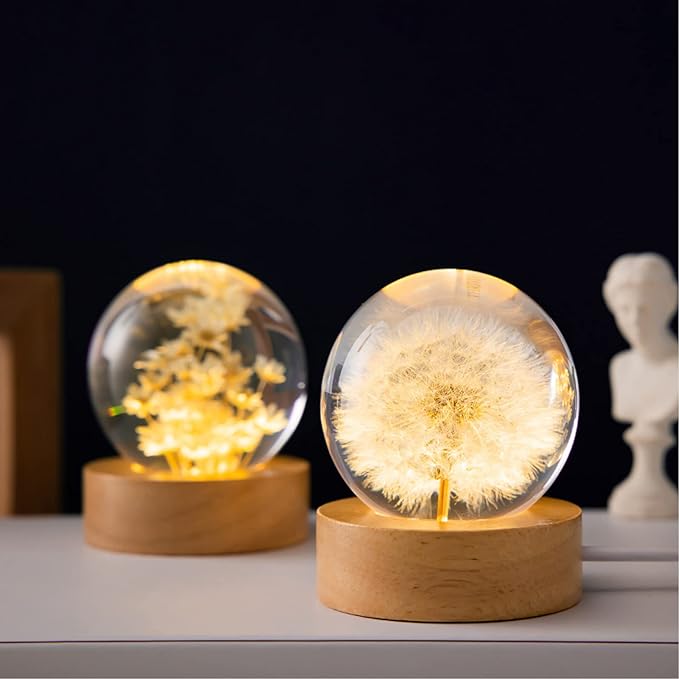 Flower Crystal Ball Night Light, 2.4 inch Glass Ball Night Lamp with Woodern Base (Yellow Daisy)