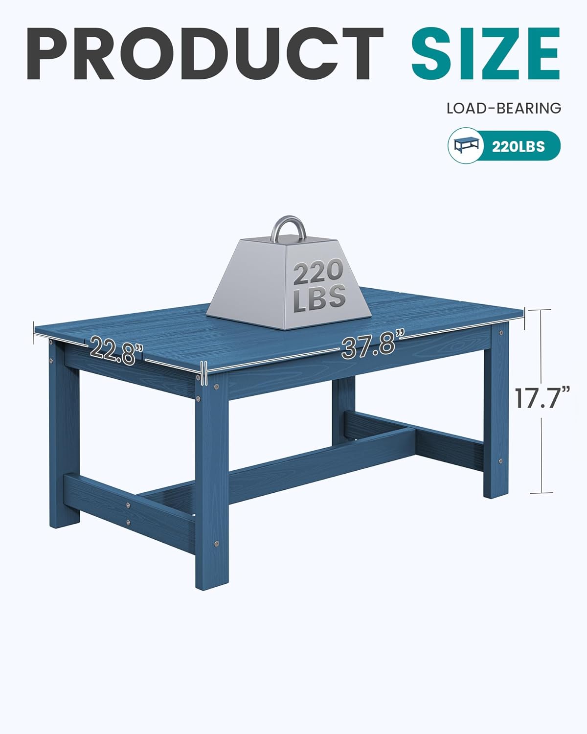 SERWALL HDPE Outdoor Coffee Table, All-Weather Patio Coffee Table, Rectangle Adirondack Outdoor Table Fits with Outdoor Sectional Couch for Outside Deck Porch Lawn, 37.8" x 22.8", Blue