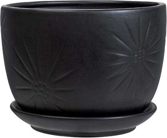 MyGift 7 Inch Round Matte Black Ceramic Plant Pot with Drainage Hole and Attached Saucer, Modern Decorative Embossed Sunburst Planter Container for Indoor Home Garden