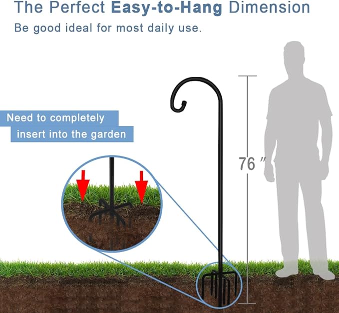76 inch Outdoor Shepherd Hook with 5 Prong Base (2 Packs), Adjustable Heavy Duty Garden Hanging Stake for Bird Feeder Solar Light Plant Hanger Wedding Decor, Matte Black