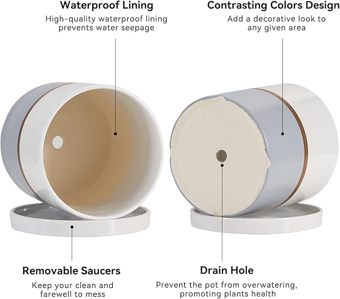 Ekirlin 6 inch Plant Pot - Ceramic Flower Planters Indoor - Modern Succulents Containers with Drain Hole Saucer, Decorate Home, Office & Outdoor (Grey)