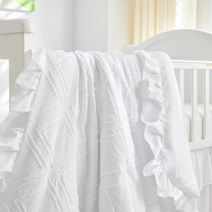 Tufted Ruffle Crib Bedding Set 3 Pieces Baby Boho Quilted Comforter with Fitted Sheet and Bed Skirt - Cute Ruffled Shabby Chic Baby Bedding Soft Blanket Design White