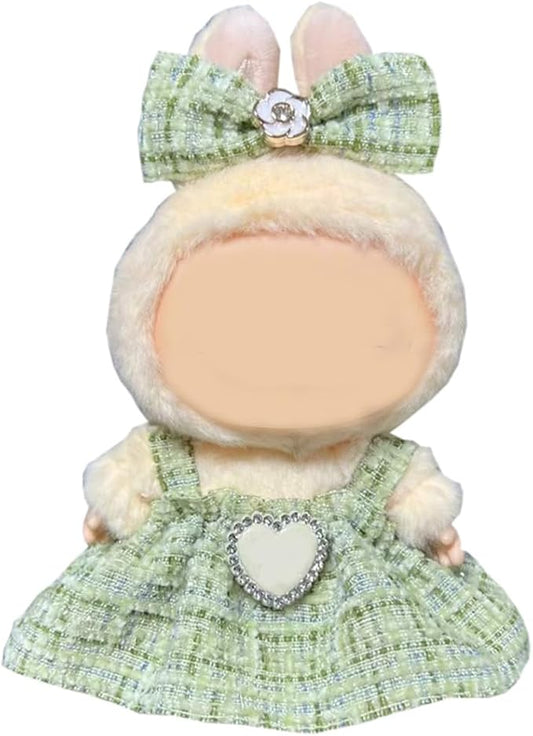 17cm Doll Clothes - Luxury Chic Style Set for labubu 5.91-6.7“ (15-17cm) Dolls, Cute Premium Fashion Doll Outfit with Accessories - Light Green Plaid Tweed Dress +Plaid Bow