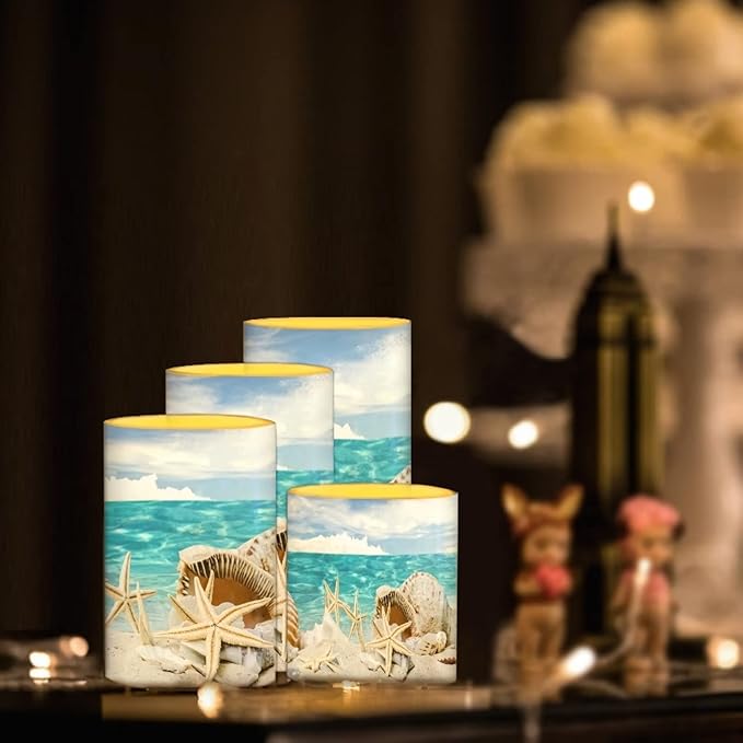 LED Flickering Candles Battery Operated Candles Set of 4 with Remote Control Timer Dancing Flame Pillar Candles Home Table Coastal Decoration, Beach Sky with Starfish
