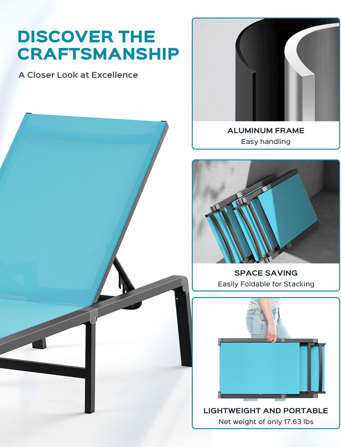 Aluminum Chaise Lounge Ourdoor - Foldable & Assemble Free Outdoor Lounge Chair with 5 Adjustable Backrest, Patio Lounge Chair for Outside Poolside Beach Pool, Lake Blue