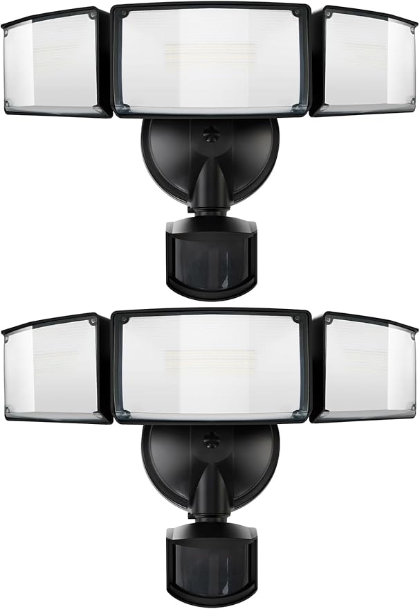 UME 2 Pack 5500LM LED Security Lights Motion Sensor Light Outdoor, 49W, 5000K Daylight, IP65 Waterproof, Dusk to Dawn, 3 Head Motion Detected Flood Light for Garage, Yard, Porch (Black)
