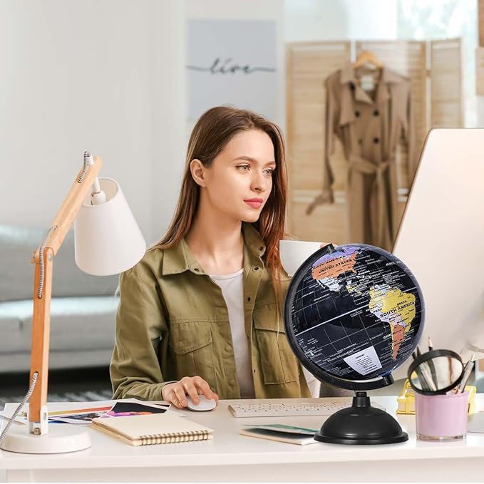 8 Inch World Globe with Stand Rotating Earth Spinning Globe for Kids Geography Classroom Education or Decorations (Black)