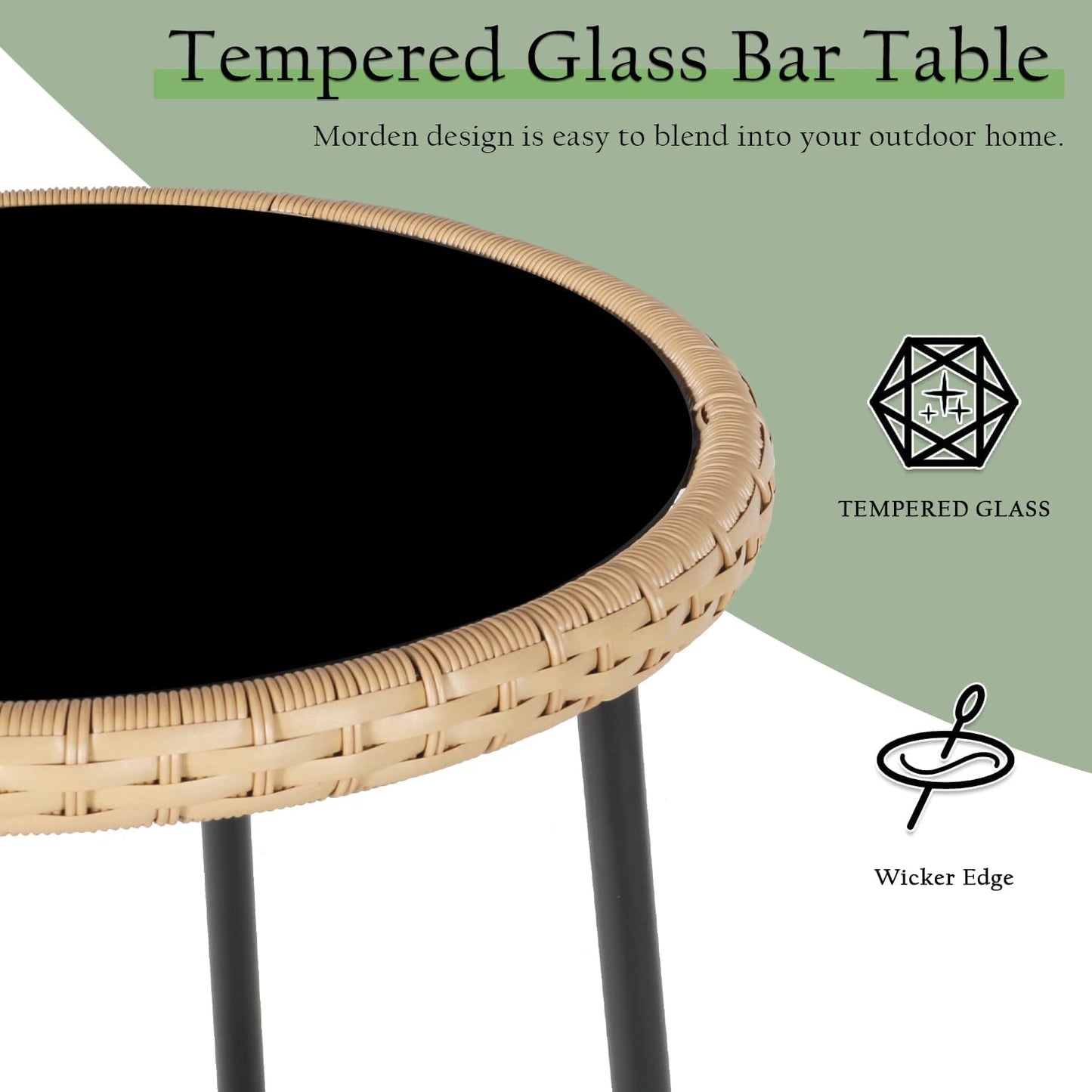 LYNSLIM Outdoor Bar,3 Piece Height Table Patio Rattan Wicker Furniture Chairs Set,22" Patio Bar Table and Outdoor Bar Stool Set of 2,with Removable Cushions for Backyards, Porches (Set for 3)