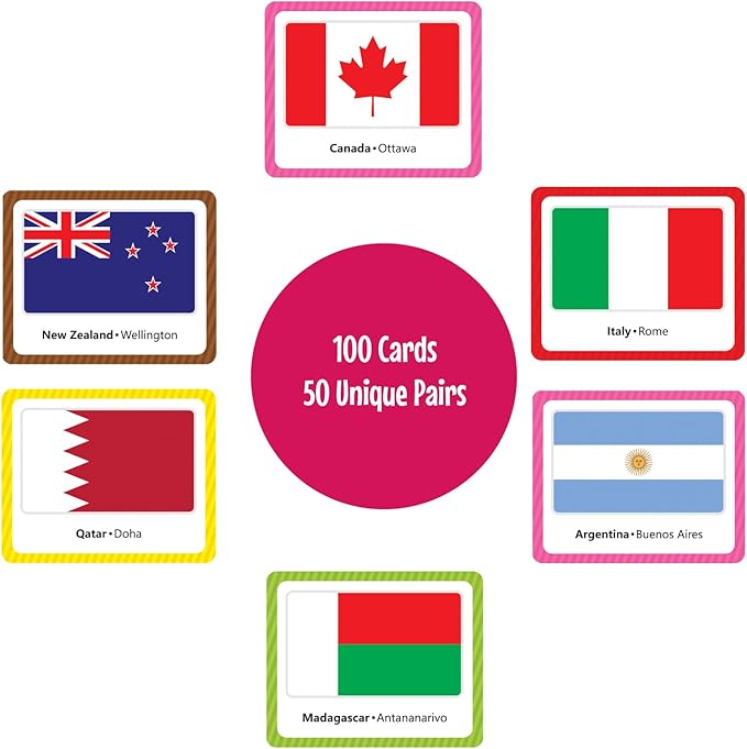 Menique Flags of The World Memory Matching Game – 100 Cards, 50 Countries to Match – Educational & Fun for Kids and Adults – Color-Coded by Continent – Learn Flags, Capitals, and Geography