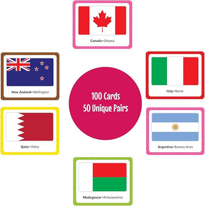 Menique Flags of The World Memory Matching Game – 100 Cards, 50 Countries to Match – Educational & Fun for Kids and Adults – Color-Coded by Continent – Learn Flags, Capitals, and Geography