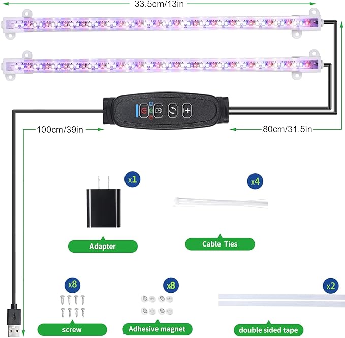 Two Strip Growing Lamp for Indoor Plants, Red & Blue & Yellow Full Spectrum LED Grow Light Strips with Auto ON/Off 3/9/12H Timer,10 Dimmable Levels for Green House Succulent (13 in)