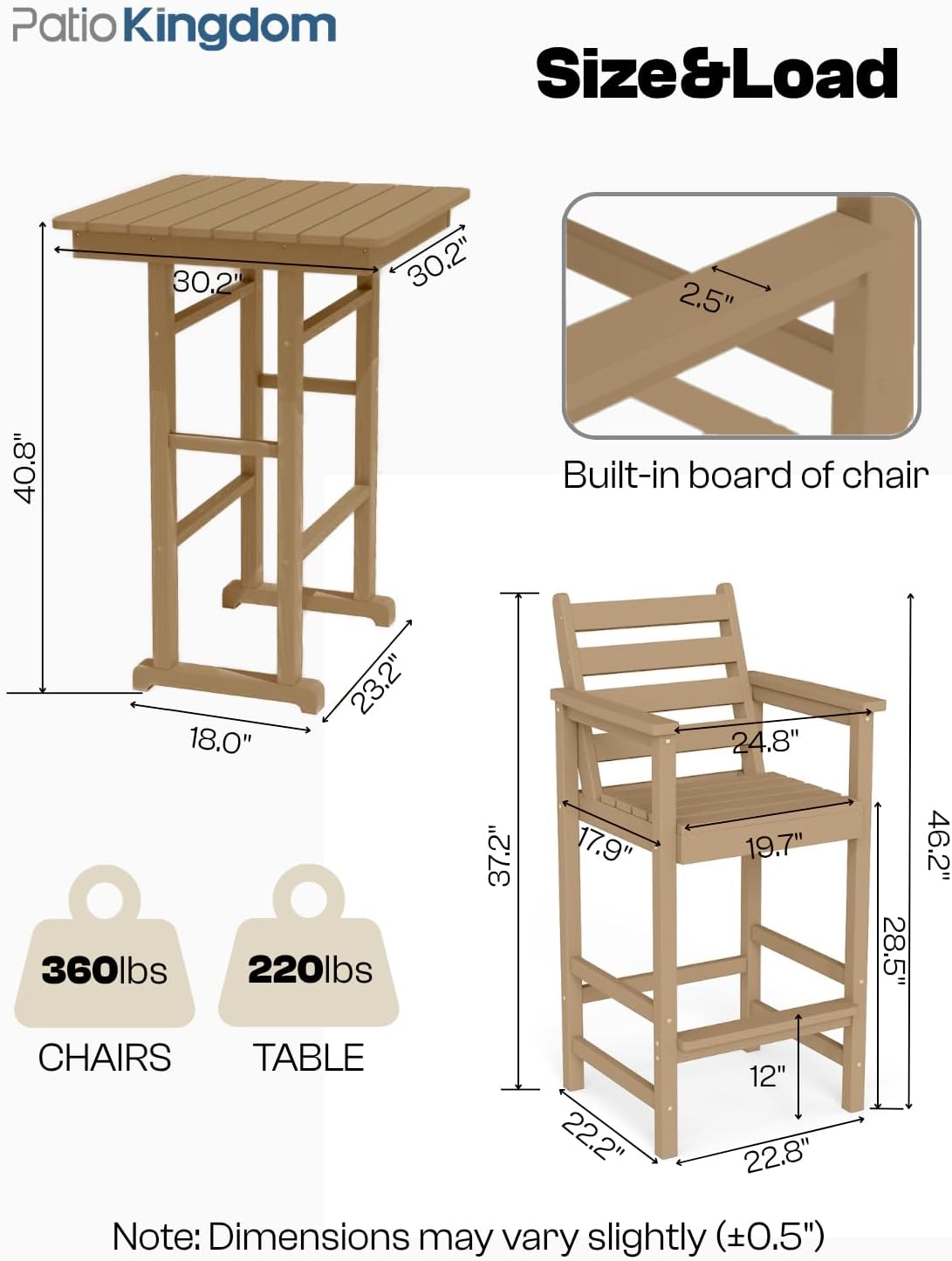 Outdoor Bar Set, 3-Piece HDPE Balcony Set with 2 Tall Adirondack Chairs and Bar Table, All-Weather Bar Height Stools for Patio, Backyard, Poolside (Brown)