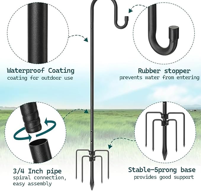 CMASTER Shepherd Hook for Outdoor, 1 Pack 92 Inch Bird Feeder Pole with 5 Prong Base Heavy Duty Adjustable Garden Hook for Hanging Plant, Hummingbird Feeder, Lantern(92 Inch)