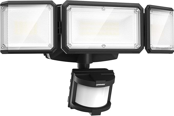 LEPOWER Battery Powered LED Flood Light Outdoor,1500LM Motion Sensor Security Lights, IP65 Waterproof,Wireless Flood Light Battery Operated,3 Head Motion Detector Light for Garage,Yard,Porch(Black)