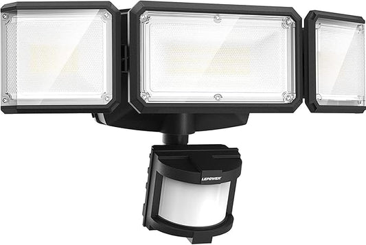 LEPOWER Battery Powered LED Flood Light Outdoor,1500LM Motion Sensor Security Lights, IP65 Waterproof,Wireless Flood Light Battery Operated,3 Head Motion Detector Light for Garage,Yard,Porch(Black)