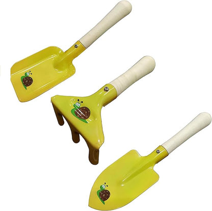 Kids Gardening Set Wooden Handle, 6 Pieces (Yellow+Green), Kids Beach Shovel Set, Sandbox Play Toy, Sand Shovel and Garden Hand Tool