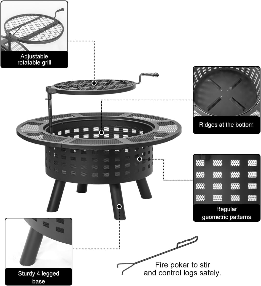 36 inch Outdoor Fire Pit with Grill,Wood Burning Firepits for Outside with Lid & Fire Poker,Metal 3-in-1 Fire Pit Table with Cooking Grate,Outdoor Fireplaces for Bonfire,Yard,BBQ（Jet Black）