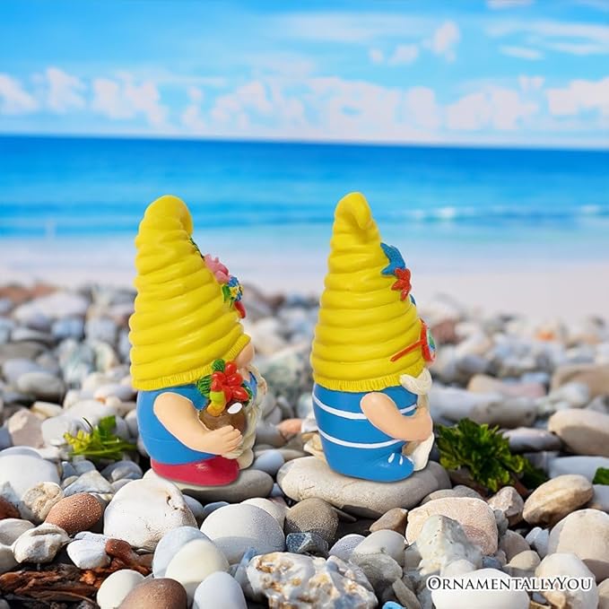Spring & Summer-Themed Garden Statues – Adorable Outdoor Decor for Lawn, Patio & Porch (Tropical Beach Gnome Duo Figurine Set, Cute 6" Summer Decoration Garden Statue)