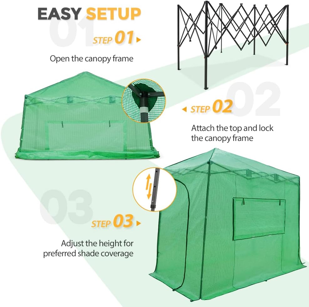 EAGLE PEAK 10x5 Lean to Portable Walk-in Greenhouse, Pop Up Indoor Outdoor Garden Green House, Zippered Doors and Window, PE Cover, Green