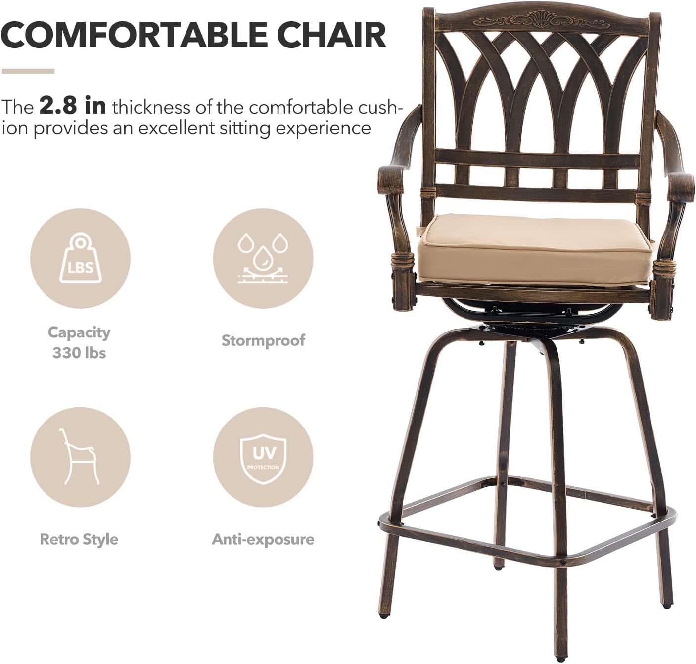 3 Piece Swivel Outdoor Table and Chairs Bar Set , All-Weather Cast Aluminum Outdoor High Top Patio Bar Set Bistro Set, High Swivel Stools with Cushions Umberlla Hole for Balcony, Poolside,Garden,Lawn