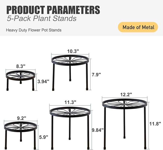 Plant Stand,5 Pack Heavy Duty Flower Pot Stands,Metal Decoration Racks,Round Plant Shelf for Planter Outdoor and indoor (Black)