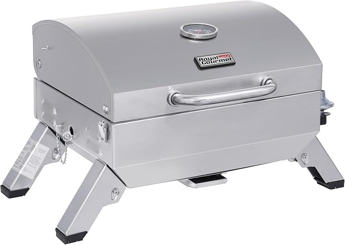 Royal Gourmet GT1001 Stainless Steel Portable Grill, 10000 BTU BBQ Tabletop Gas Grill with Folding Legs and Lockable Lid, Outdoor Camping, Deck and Tailgating, Silver