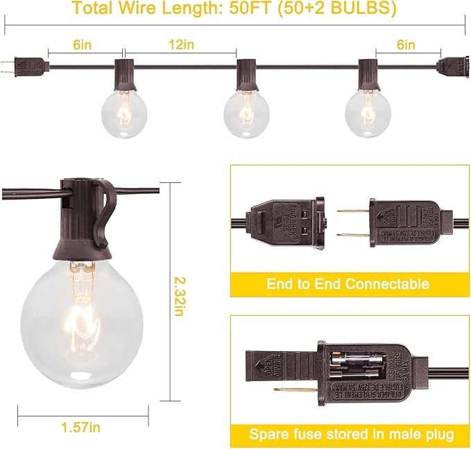 G40 Outdoor String Lights, 50Ft Hanging Outdoor Patio Lights with 53 Clear Globe Bulbs (3 Spare), Connectable Backyard Lights for Indoor Outdoor Porch Balcony Party Commercial Decoration- Brown Wire