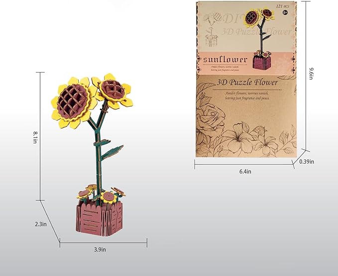 3D Wooden Puzzles for Kids DIY Wooden Flower Building Block Set Craft for Children Adults to Build Valentine's Day/Mother's Day/Teacher's Day/Birthday Gifts (Sunflower)