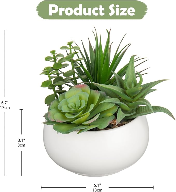 Fake Plants Artificial Succulents in Pots Faux Succulent Arrangement Potted Plant with White Ceramic Pot for Home Decor Modern Office Desk Bathroom Shelf Living Room Indoor Decoration