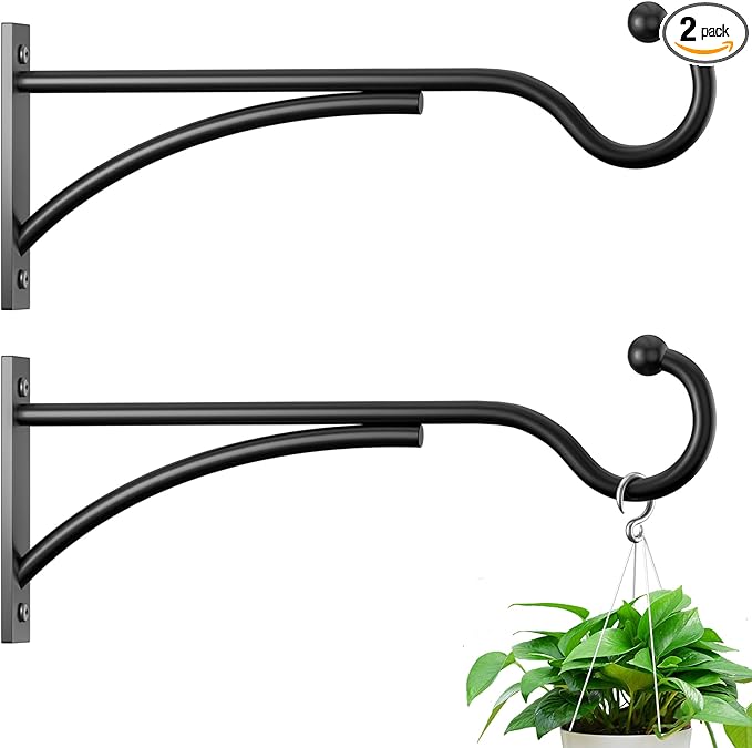 Outdoor Plant Hanging Hooks for Wall: 11 Inch Black Metal Bracket for Hanging Baskets, Bird Feeders, Wind Chimes, Flower Baskets, Yoga Mat, Lanterns. 2 Pack