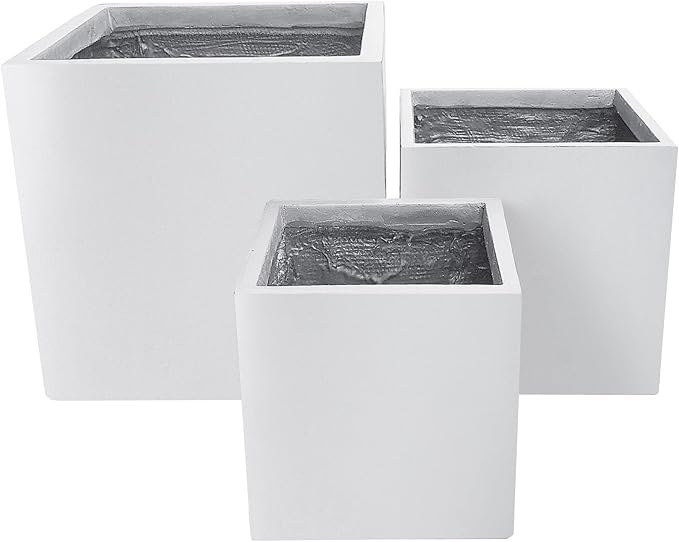 Kante 16",12",10" Square Concrete Planters Set of 3 for Outdoor Indoor Home Patio Garden, Large Plant Pot with Drainage Hole and Rubber Plug, Pure White