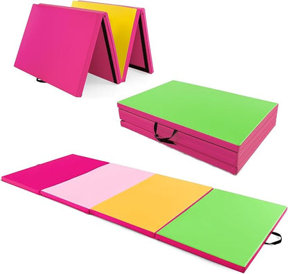 Giantex 4'x10'x 2" Gymnastics Mat, 4-Panel Folding Aerobics Exercise Mat w/Hook & Loop Fastener, Carrying Handle, Portable Tumbling Mat for Stretching Yoga Cheerleading Martial Arts