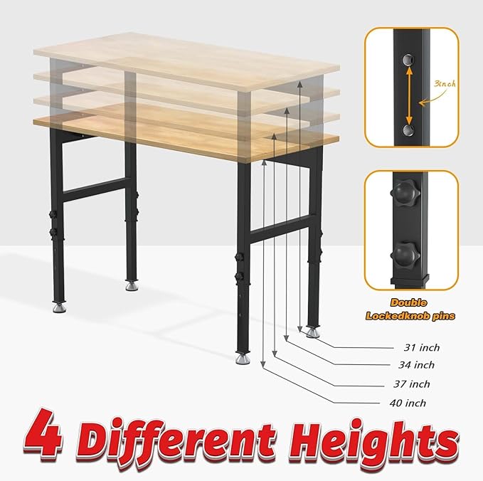 48''x24 Solid Wood & Heavy-Duty Work Bench Workbench, Adjustable Height Work Table, 2000 LBS Capacity Workstation Work Benches for Garage, Workshop, Repair Shop