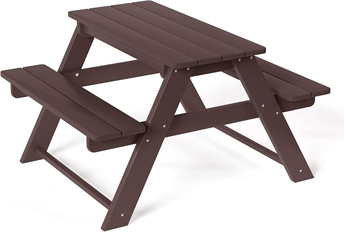 Costaelm Kids Picnic Table, HDPE All Weather Outdoor Toddler Picnic Table and Chair Set Kids Bench for Patio, Backyard, Garden, Lawn, Dark Brown