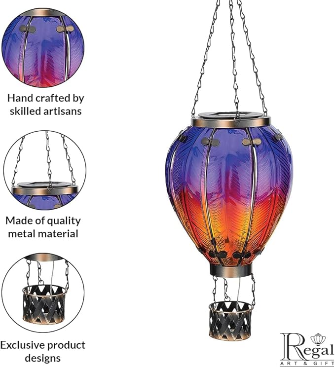 Regal Art & Gift Hot Air Balloon Solar Lantern – Hanging Solar-Powered LED Lights, Waterproof Portable Decorative Outdoor Lamp Made of Metal & Glass for Garden, Patios & Pathway – Purple (Large)