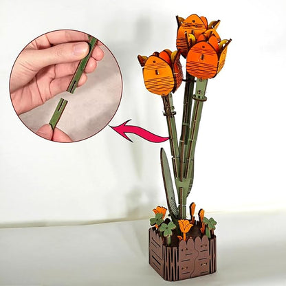3D Wooden Puzzles for Kids DIY Wooden Flower Building Block Set Craft for Children Adults to Build Valentine's Day/Mother's Day/Teacher's Day/Birthday Gifts (Tulip)