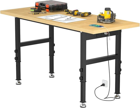 48" Adjustable Workbench for Garage, Heavy-Duty Work Bench, 2000 LBS Worktable with Power Outlets, Portable Chipboard Work Station for Repair Shop, Workshop, Office