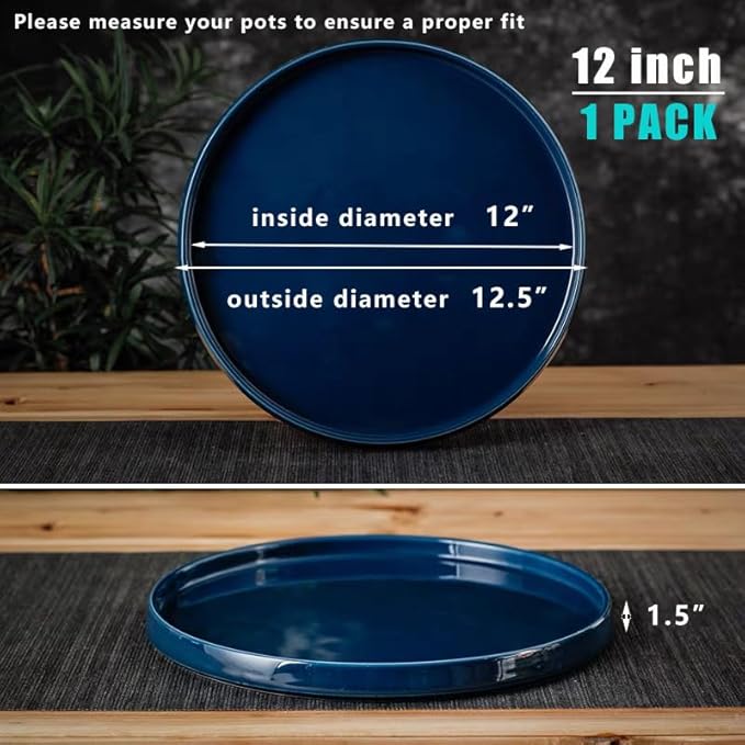 Blue Ceramic Pot Saucer - Drainage Tray for Indoor and Outdoor Flower Plant Pots and Planters, 12 Inch