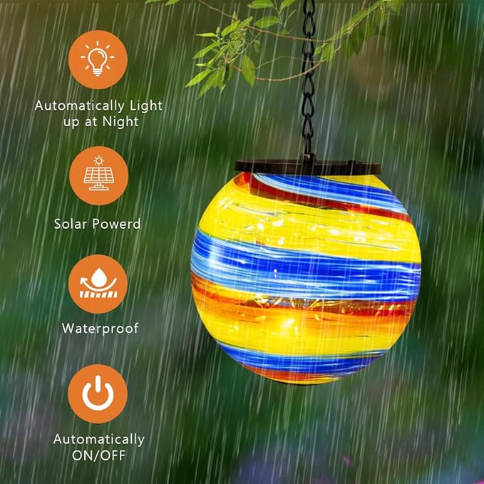 Colorful Hanging Solar Lanterns Outdoor Waterproof 4.7" Glass Solar Golbe Lights with Metal Chain,Gazing Ball Garden Decorative Lanterns for Patio Pathway Porch Yard Decor