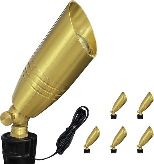 COLOER Die-cast Brass Landscape Spotlight 6-Pack Without Bulb,12V AC/DC Low Voltage Copper Outdoor Lighting with Ground Stake, Directional Garden Patio Spot Up Light (102B Brass Finish)
