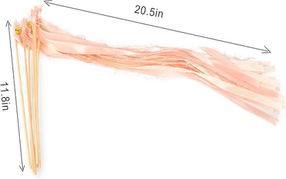 100 Pieces Wedding Ribbon Sticks Wands with Bell, Pink Champagne Ribbon Streamer Silk Fairy Wand for Wedding Send Off Idea, Bridal Shower and Ceremony Exit Event