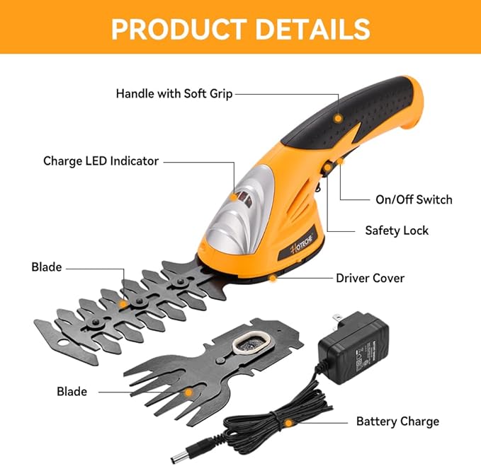 Hoteche Cordless Grass Shear & Hedge Trimmer 2-in-1 Handheld 7.2V Rechargeable Electric Shrub Clippers
