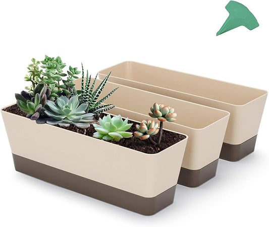 GROWNEER 3 Packs 12 Inches Window Boxes Rectangle Planter Long Pots with 15 Pcs Plant Labels Plastic Flower Plant with Saucer for Windowsill Garden Balcony Home Indoor Outdoor (Beige)
