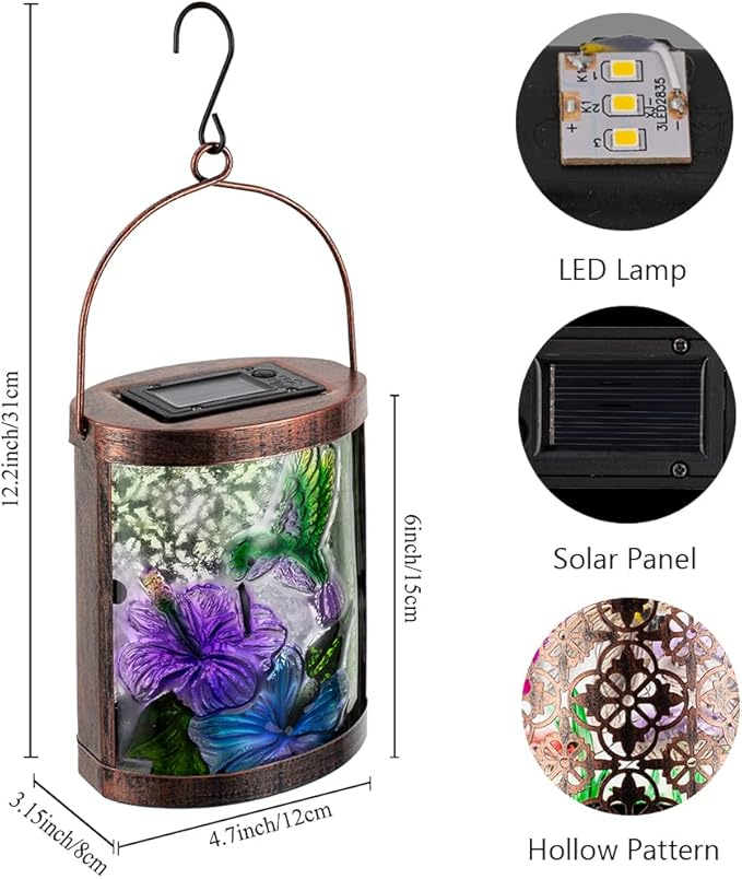 Starsoul 2 Pack Hanging Solar Lantern Outdoor Waterproof Glass Hummingbird Decorative Solar Lights for Outside Garden Yard Table Patio Decor